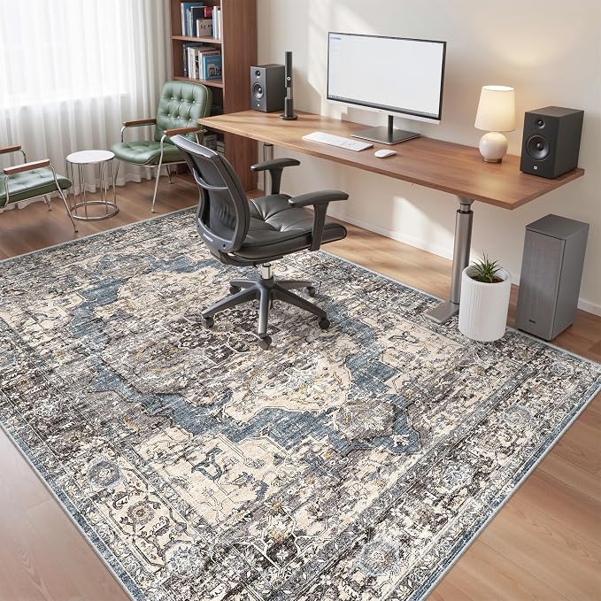 befbee 5x7 Area Rugs for Living Room, Stain Resistant Neutral Washable Rugs for Dining Room, Floral Vintage Non-Slip Thin Large Size Area Rug (Blue/Black)