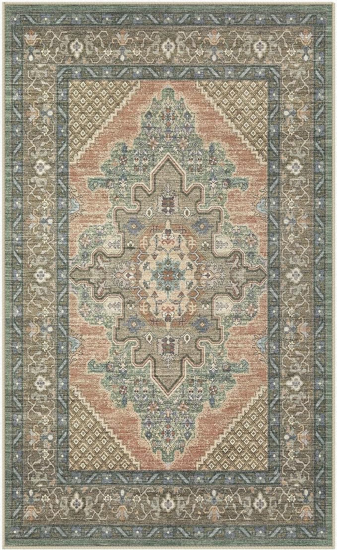Tortania Area Rug Living Room Rugs - 3x5 Washable Rug Vintage Oriental Distressed Farmhouse Small Thin Indoor Carpet for Living Room Bedroom Under Dining Table Home Office - Sage Terracotta