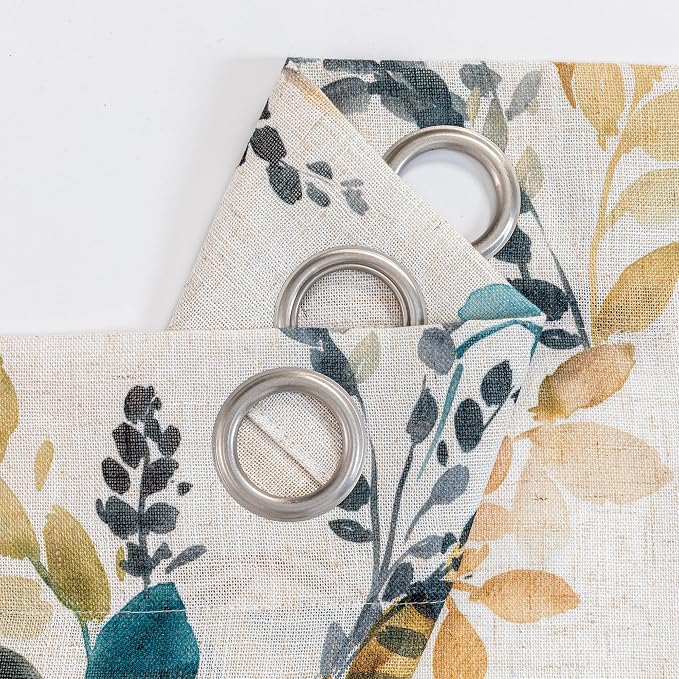 MYSKY HOME Floral Linen Curtains 45 inch Length 2 Panels Set Leaf Patterned Semi Sheer Light Filtering Privacy Farmhouse Grommet Drapes for Bedroom Small Window, 52" Wide Each Panel, Yellow and Blue