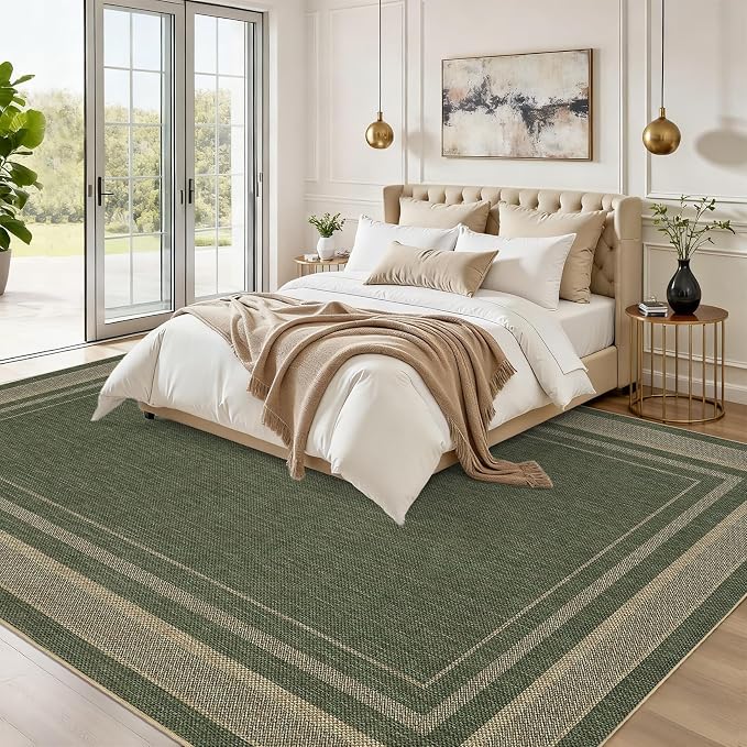 GarveeHome Easy Jute Rugs Neutral 6x9 Washable Living Room Bedroom Rug | Non Slip Stain Resistant Easy Jute Dining Room Throw Carpet Solid Area Rug for Kitchen Bedroom Nursery Home Decor, Green