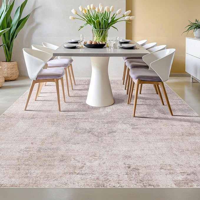 Hazo Haus Modern Rugs for Living Room 10x14 - Contemporary Dusty Pink Extra Large Area Rug for Dining Room Table, Foldable Thin Lightweight Non Slip Abstract Distressed Medallion Print Pattern