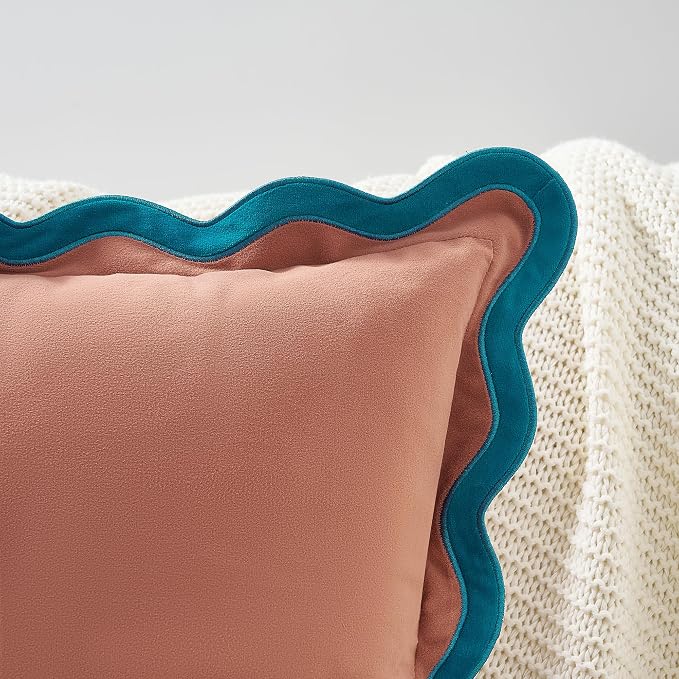MONDAY MOOSE Decorative Throw Pillow Covers Cushion Cases, Set of 2 Soft Velvet Scalloped Wavy Edge Designs, Mix and Match for Home Decor, Pillow Inserts Not Included (16x16 inch, Teal/Pink)