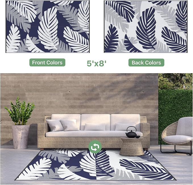 GENIMO Outdoor Rug, Waterproof Plastic Rugs for Patio, 5'x8' Blue White | Outside Larger Leaf Carpet Mat for Porch Decor, Deck, Balcony, Camping, RV, Backyard, Picnic, Beach, Reversible, Foldable
