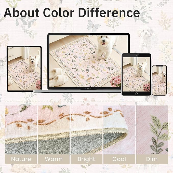 Soalmost 2x3 Dog Rugs for Entryway, Washable Door Mat Animal Soft Rug Pink | Floral Small Cute Area Rug Non-Slip Low Pile Throw Rugs for Entrance Kitchen Indoor Front Door Kids Room 2' x 3'