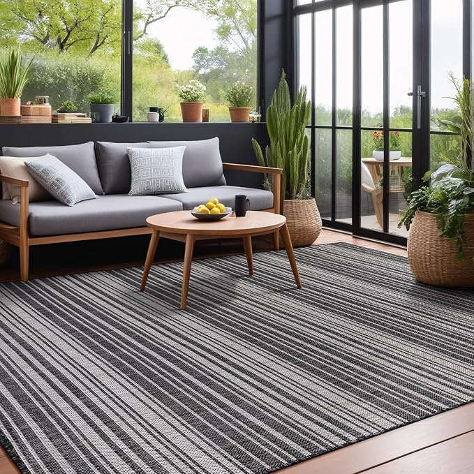 Luul Home Stripe Outdoor Rug 6x9 Washable Outside Carpet for Indoor Patio Porch Waterproof Easy Cleaning Non Shedding Area Rugs Dark Gray 6 x 9