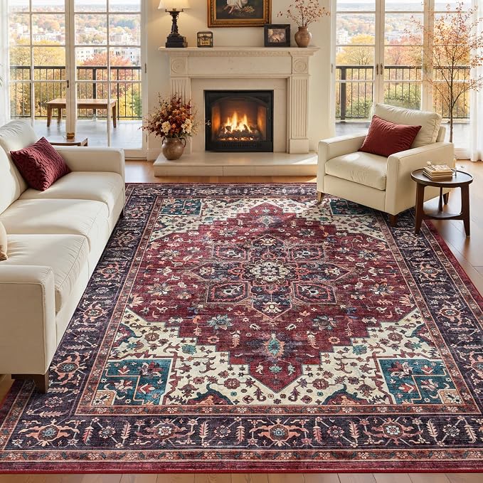 8x10 Washable Area Rugs for Living Room Bedroom, Non-Slip Burgundy | Vintage Farmhouse Boho Distressed; Low Pile; Stain Resistant; Wine Red Carpet for Dining Under Table, Office, Nursery, Lounge