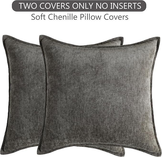 Stellhome Pack of 2 Soft Textured Throw Decorative Pillow Covers Square Accent Solid Chenille Cushion Cover Cozy Farmhouse Pillow Case for Couch Sofa Bedroom Living Room 22x22 Inch, Dark Grey