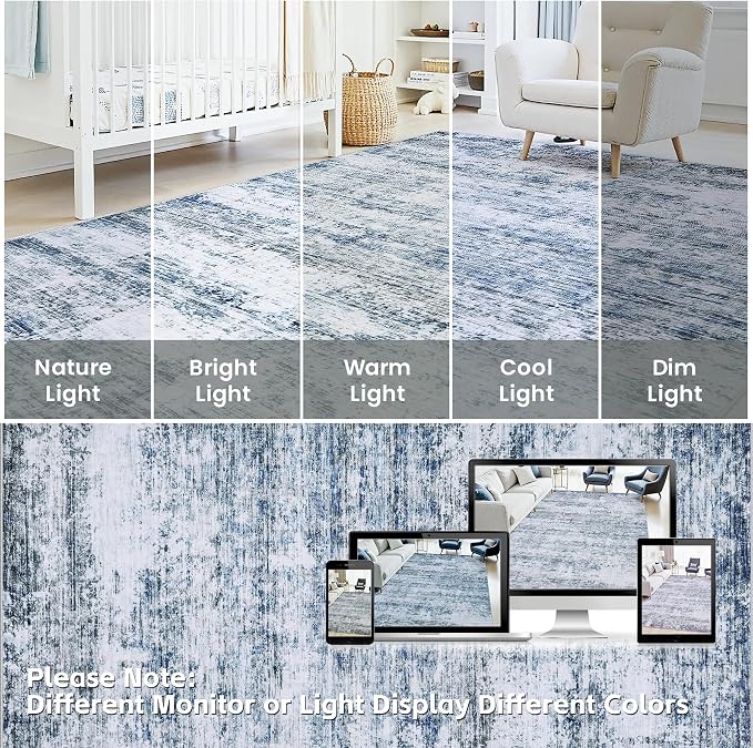 9x12 Area Rugs Living Room Rug Modern Abstract Neutral Washable Rugs Non Slip Soft Carpet Large Area Rug Low Pile Stain Resistant Non Shedding for Bedroom Nursery Dining Room Home Office Gray Blue