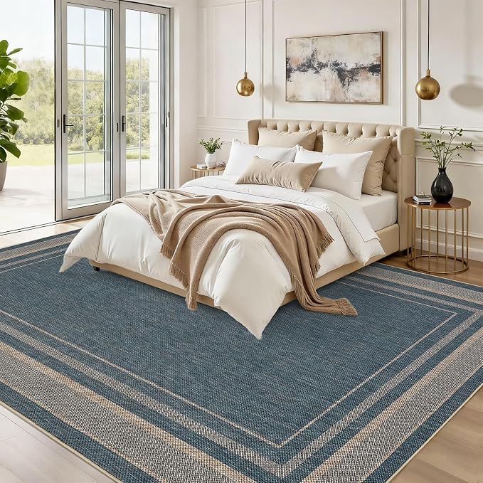 GarveeHome Neutral Easy Jute Rug 3x5 Modern Solid Washable Bedroom Rug | Indoor Small Non Slip Dining Room Throw Carpet Entryway Easy Jute Rugs for Nursery Kitchen Living Room Backyard, Blue