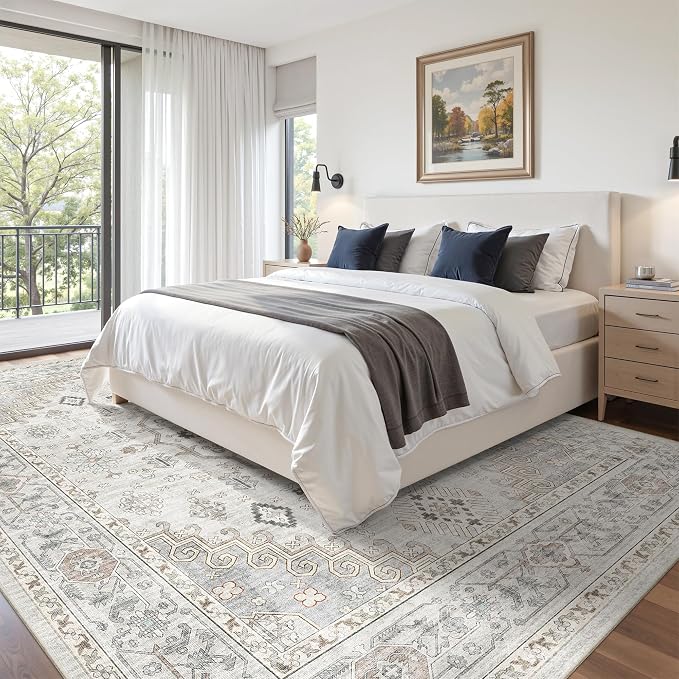 befbee 8x10 Area Rugs for Living Rooms, Stain Resistant Neutral Washable Rugs for Dining Rooms, Floral Vintage Non-Slip Thin Large Size Area Rug(Light Grey)