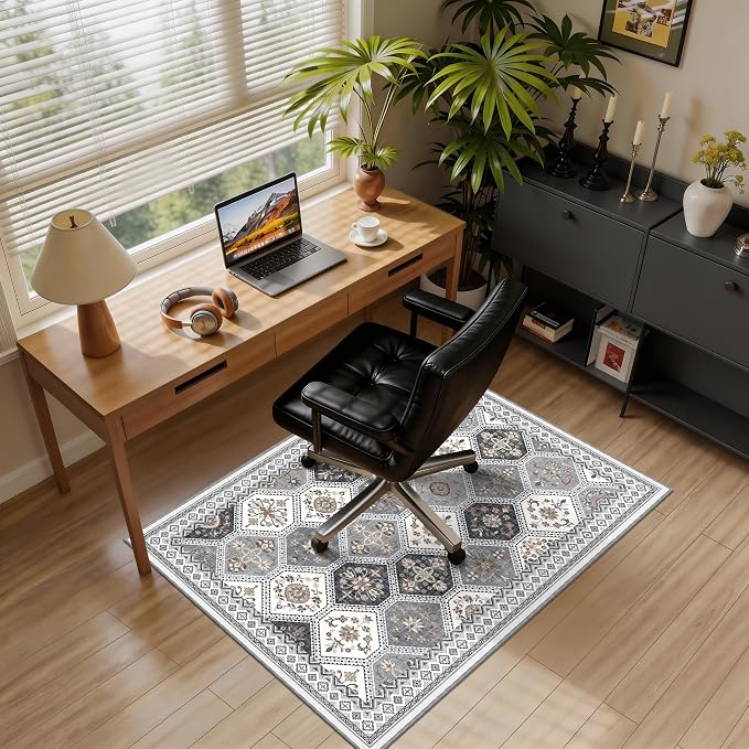 4x6 Area Rug, Soft Non-Slip Boho Moroccan Rug,Gray/Gold | Low-Pile Printed Indoor Washable Area Rugs for Living Room, Bedroom Bedside, Entryway, Kitchen