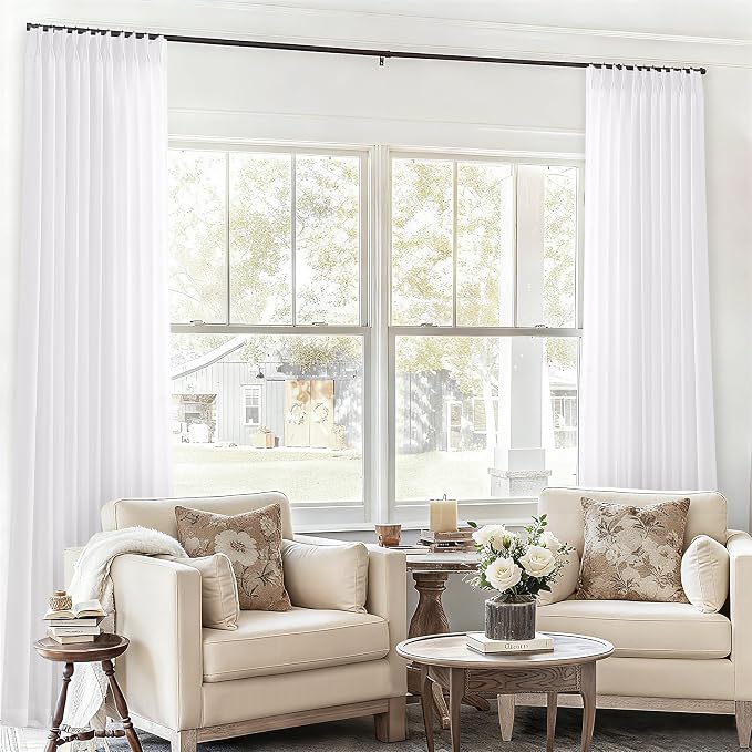 White Pinch Pleated Linen Curtains 96 Inches Long 72 Wide Semi Sheer | Light Filtering, Pleat Window Curtain, Boho Neutral, Drape for Track System, Living Room Bedroom, Hooks Rings, 1 Panel, 72x96
