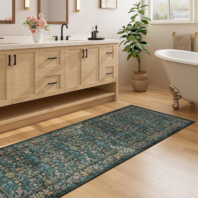 DUKINO 2.6x8 Runner Rug, Washable Vintage Floral Kitchen Rug, Blue | Non Slip, Low Pile, Non-Shedding, Stain Resistant, Soft Throw Carpet Runner for Hallway Bathroom Laundry Entryway Farmhouse