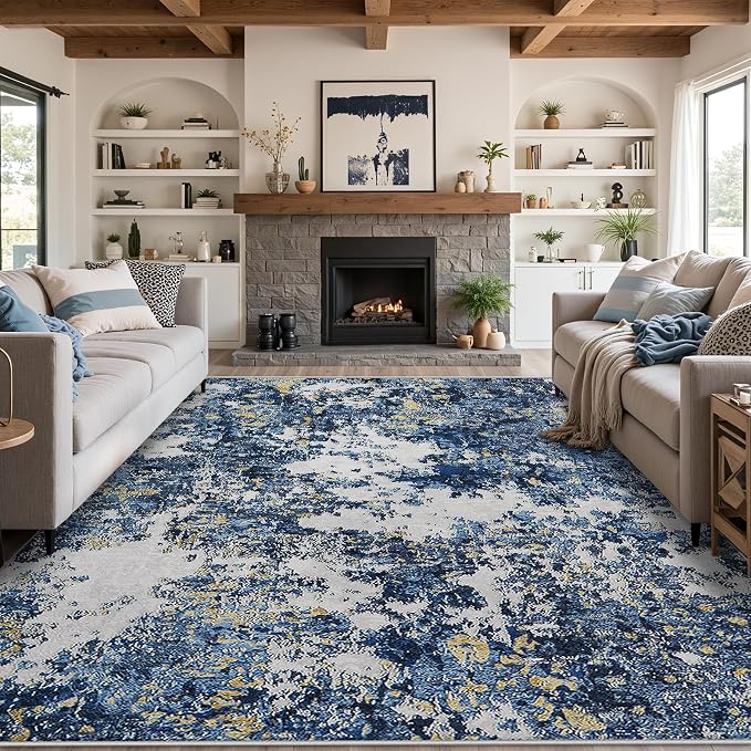 8x10 Area Rug for Living Room Bedroom: Large Washable Rug with Anti-Slip Backing Non-Shedding Stain-Resistant Soft Abstract Carpet for Dining Room Nursery Home Office (Blue/Multi)