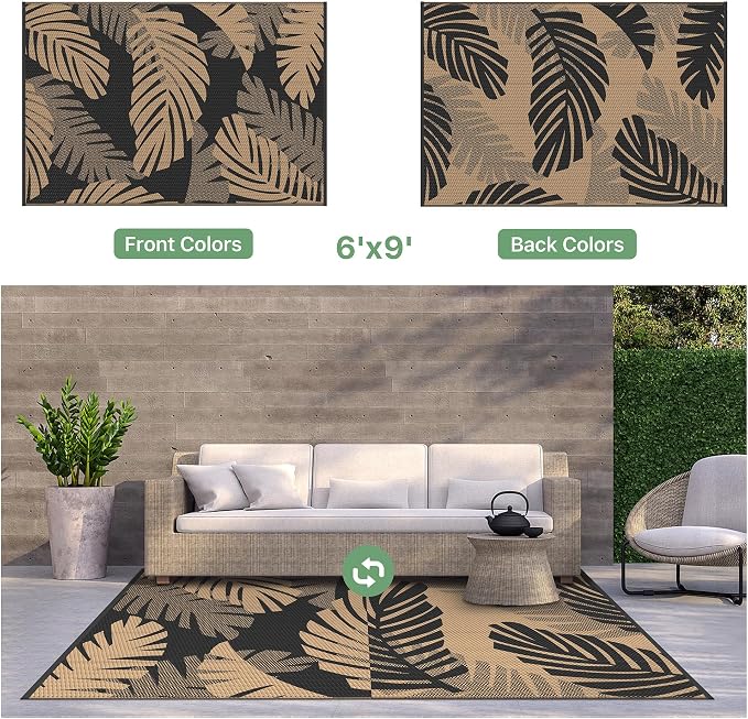GENIMO Outdoor Rug, Waterproof Plastic Rugs for Patio, 6'x9' Black Brown | Outside Larger Leaf Carpet Mat for Porch Decor, Deck, Balcony, Camping, RV, Backyard, Picnic, Beach, Reversible, Foldable