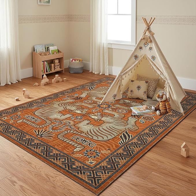GarveeHome Tibetan Tiger 5x7 Area Rugs, Boho Terracotta Washable Rugs for Living Room, Vintage Tribal Soft Animal Print Throw Rug Non Slip Ultra Thin Stain Resistant Floor Carpet for Office Bedroom