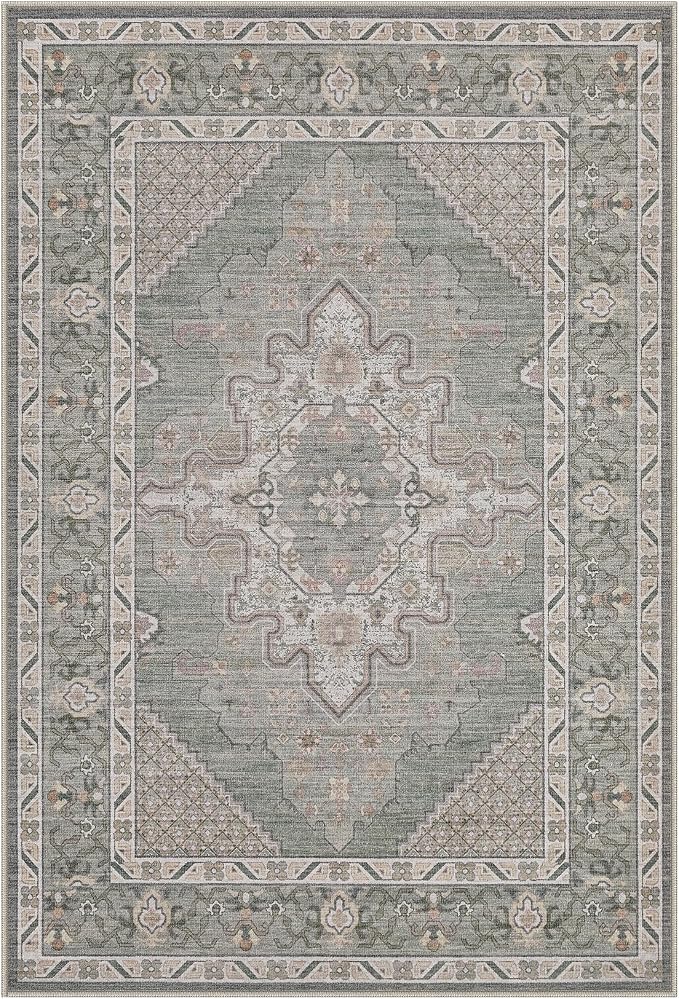 Tortania Area Rug 2x3 Doormat - Washable Vintage Oriental Farmhouse Soft Thin Indoor Carpet for Living Room Bedroom Hallway Entryway Kitchen - Green Gray