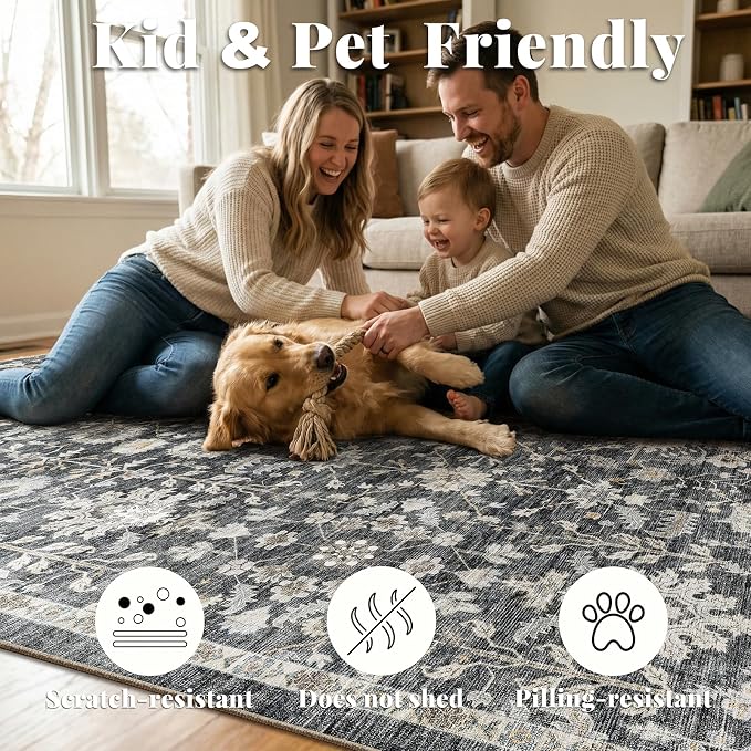 Washable Rugs for Living Room: 6x9 Area Rugs for Bedroom Ultra Soft Non-Slip Stain Resistant Vintage Boho Large Carpet for High-Traffic Dining Room - Farmhouse Decor