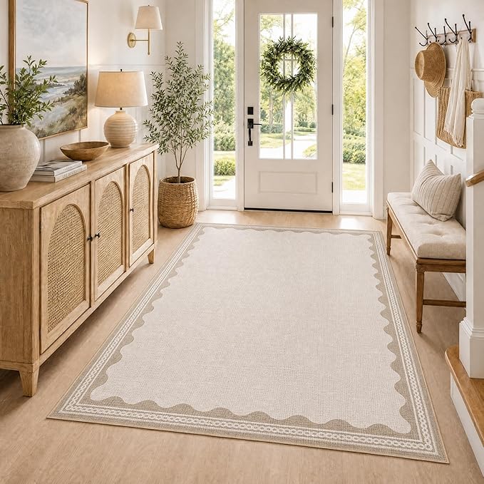 GarveeHome Scalloped Beige Washable Rugs 9x12 Rug for Living Room Non-Slip Solid Modern Minimalism 9 x 12 Rug Low-Pile Carpet for Bedroom Dining Nursery Mat with Rubber Back