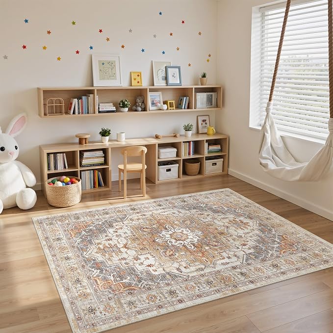 befbee 4x6 Rugs for Living Room Bedroom,Non-Slip Washable Rug,Stain Resistant Lightweight Area Rugs for Dining Room,Ultra-Thin Indoor Floor Carpet (Turmeric/Grey, 4'x6')
