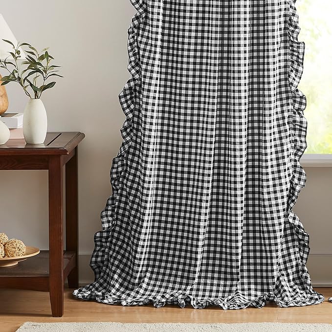 ZJDECOR Black White Buffalo Plaid Ruffle Window Curtains 84 Inches Long | Woven Crinkle Not-See-Through Sheer Drape,Rustic Shabby Chic Window Treatment,Bedroom Living Room,Rod Pocket,40"Wx84"Lx2