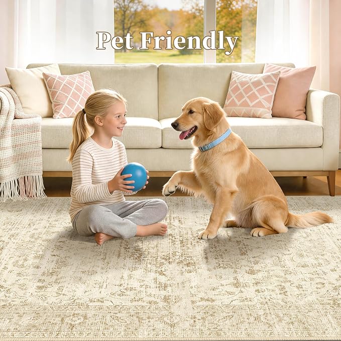 Beige 9x12 Area Rug, Neutral Vintage Boho Carpet for Bedroom | for Living Room and Dining Room, Low Pile Nursery Indoor Area Rug with Non-Slip Silicone Backing, Non-Shedding