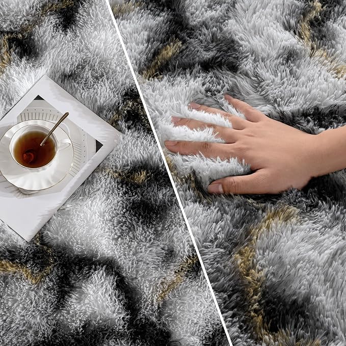 Deerhoo Large Shag Area Rugs 5 x 8, Tie-Dyed Plush Fuzzy Rugs for Living Room, Ultra Soft Fluffy Furry Rugs for Bedroom, Anti-Skid Indoor Carpet Nursery Rugs for Kids Room Home Decor, Black white gold
