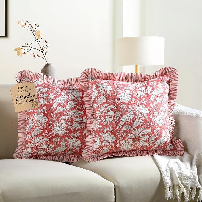 CPC Pink Coral Ruffle Throw Pillow Covers for Couch, 18x18 Inch Cotton Stripe Ruffle Couch Pillows for Living Room, Hidden 14 Inch Zipper Boho Pillow Case or Cute Outdoor Pillows