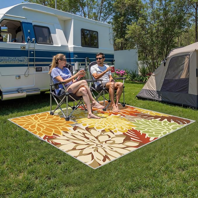 Colorful 8x10 Outdoor Area Rug Washable Multicolored Patio Rug Tropical Botanical Floral Chenille Waterproof Outdoor Carpet Non-Slip for Deck, Backyard, Porch, Orange