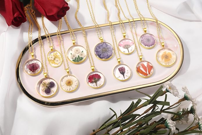 AUNTESIGN Forget-Me-Not and Queen Anne's Lace Pressed Wildflower Necklace | Birth Month Flowers Necklace | Gold/Silver Pressed Flower Jewelry | Mother's Day | Gift For Her