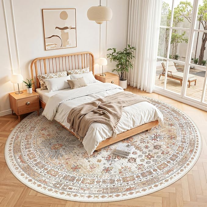 zesthome 9ft Round Rugs for Living Room, Non-Slip Washable Round Area Rugs, Ultra-Thin Large Circle Rugs, Soft Low Pile Rug for Bedroom, Kitchen - Vintage Stain Resistant Round Rug (Orange,9'x9')