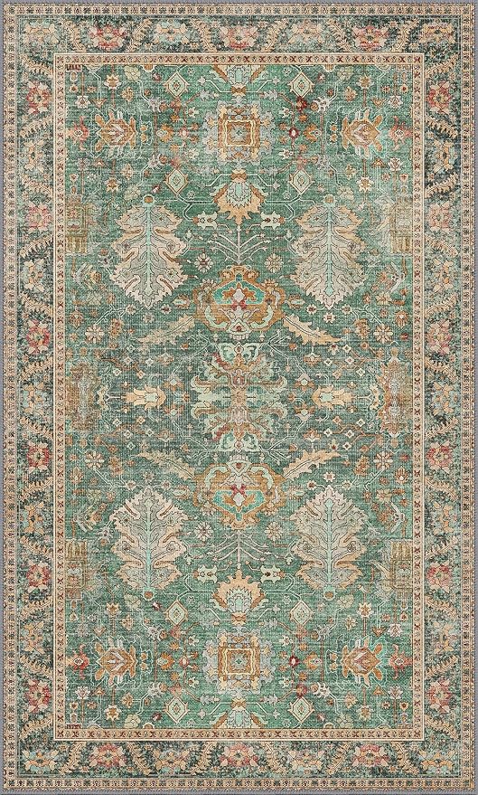 3x5 Rug Washable Small Area Rug Non Slip for Entryway Bedroom Bathroom Kitchen, Boho Green Rug, Thin Low Pile Foldable Carpet, Vintage Farmhouse, Dark Sage/Gold