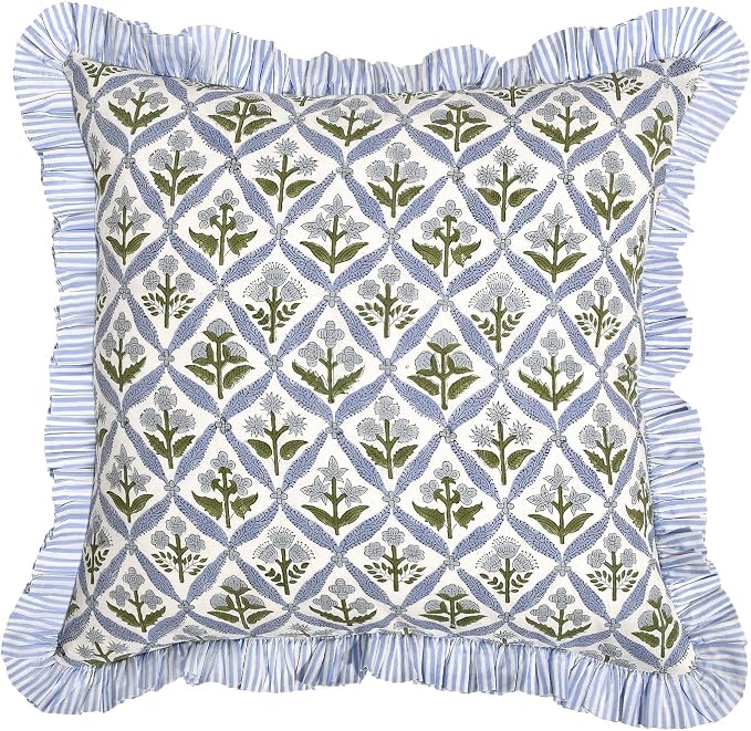 Ridhi Block Print Light Steel Blue Throw Pillow Cover 16" x 16" (Pack of 2) Decorative Cushion Covers with Ruffle for Couch, Sofa, Bed, Living Room, Home Decor Gift for Spring, Easter, Valentine