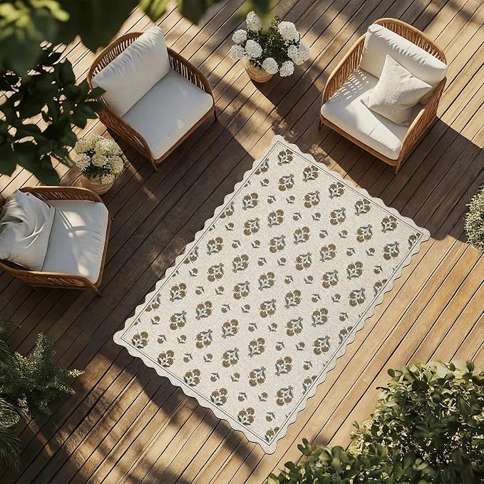 ORTIGIA Scalloped Easy Jute 5x7 Area Rug Vintage Yellow Block Floral Farmhouse Washable Rug Non-Slip Indoor Outdoor Carpet for Living Room Bedroom Patio Entryway