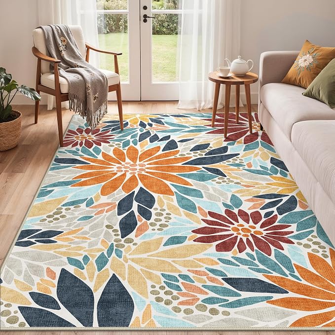 GENIMO 8x10 Outdoor Rug, Washable for Patio and Deck, Rust Blue | Floral design for backyard; fade resistant chenille with quick-dry non-slip backing for indoor living rooms