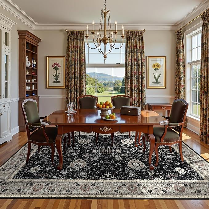 Floral Living Room Rug 5x7 Washable Rugs Boho Vintage Oriental Large Foldable Faux Wool Carpet for Bedroom Nursery Room Dorm Kids Playroom Home Office Blcak Navy Multi