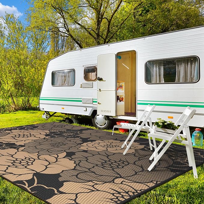 GENIMO Outdoor Rug, Waterproof Plastic Rugs for Patio, 9'x12' Raven Brown | Outside Larger Leaf Carpet Mat for Porch Decor, Deck, Balcony, Camping, RV, Backyard, Picnic, Beach, Reversible, Foldable