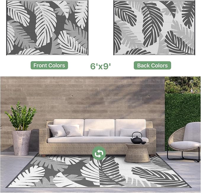 GENIMO Outdoor Rug, Waterproof Plastic Rugs for Patio, 6'x9' Grey White | Outside Larger Leaf Carpet Mat for Porch Decor, Deck, Balcony, Camping, RV, Backyard, Picnic, Beach, Reversible, Foldable