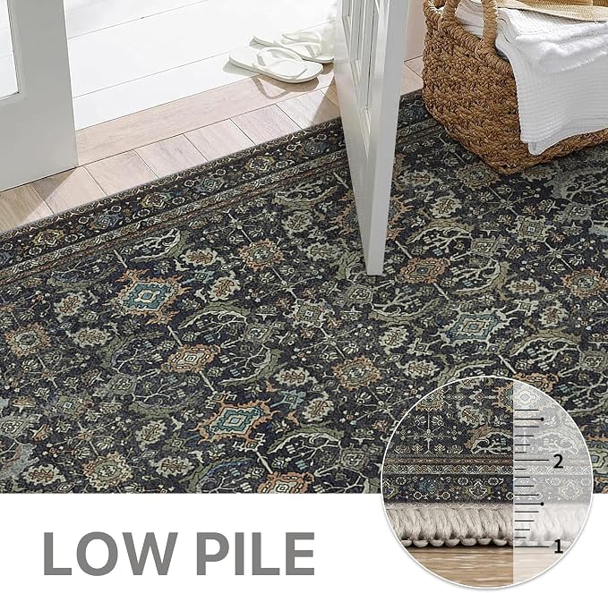 BESBLEE 3X5 Area Rugs Machine Washable Rugs for Living Room, Vintage Boho Large Rugs for Bedroom Dining Room, Non Slip Indoor Soft Distressed Lightweight Thin Low Pile Carpet, Black