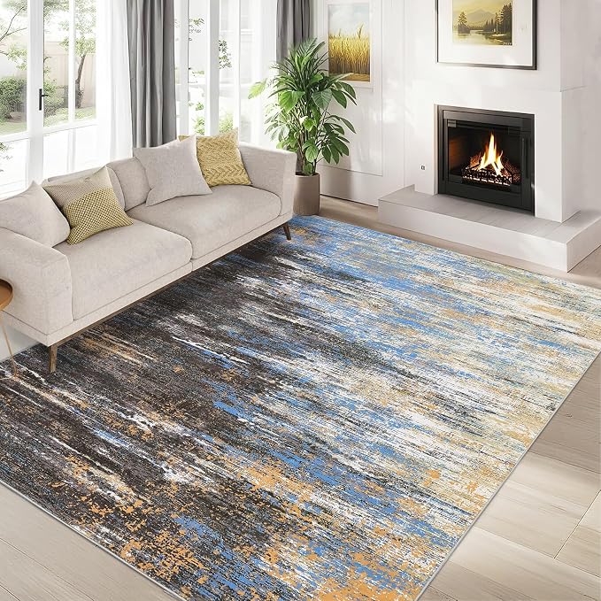 ROYHOME Modern Abstract Living Room Rug 10x13, Machine Washable Large Carpet, Non Slip Low Pile Throw Rug, Ultra Soft Indoor Floor Carpet for Bedroom Dining Room Table Home Decor, Blue/Brown