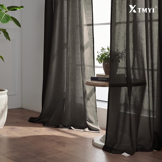 XTMYI Brown Curtains 84 Inch Length 2 Panels Set for Living Room,Linen Semi Sheer Light Filtering Rustic Farmhouse Curtains Drapes 84 Inches Long