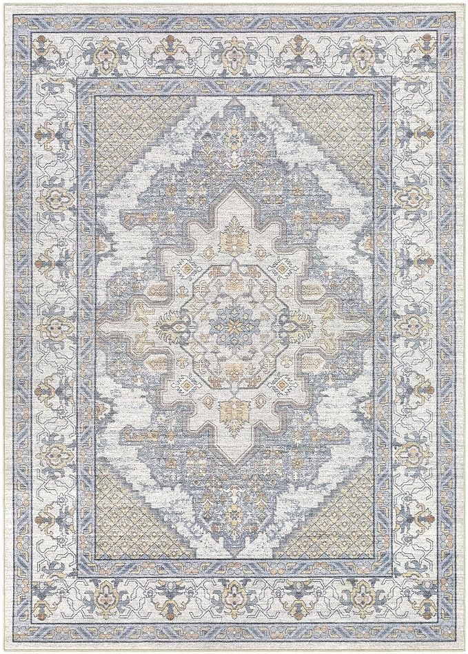Tortania Area Rug Living Room Rugs - 10x14 Washable Boho Rug Vintage Oriental Distressed Farmhouse Large Thin Indoor Carpet for Living Room Bedroom Under Dining Table Home Office - Blue Beige