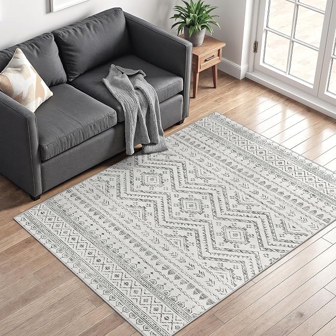 Miukiki 4x6 Area Rug for Living Room Moroccan Washable Rugs Non Slip Indoor Floor Carpet Foldable Large Soft Area Rug for Dining Room Bedroom with Low Pile(Grey,4'x6')