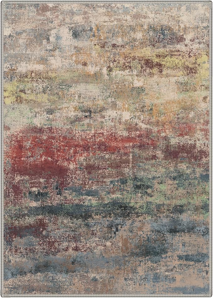 GENIMO 8x10 Area Rugs for Living Room, Machine Washable Rug Non Slip, Low Pile Ultra-Thin Lightweight Large Carpet, Abstract Modern Rugs for Bedroom, Dining Room, Office, Nursery, Bloom Red
