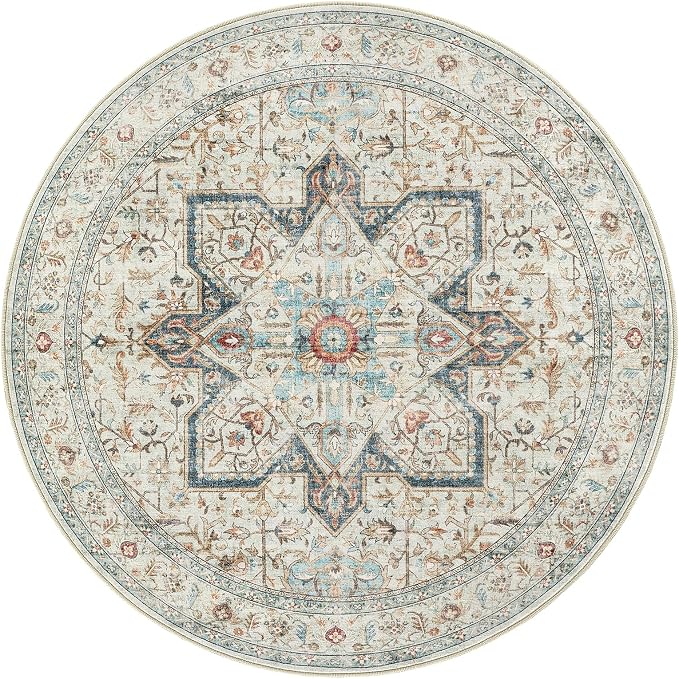 Tortania 5' Round Area Rug Living Room Rugs - Washable Boho Rug Vintage Oriental Distressed Farmhouse Large Thin Indoor Carpet for Bedroom Under Dining Table Home Office - Aqua Multi