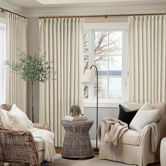 Pinch Pleated Extra Wide Beige Linen Curtain 96 Inches Long 70 Wide 1 Panel | for Patio Sliding Door Living Room, Pinch Pleat with Hooks Rings, Room Divider, Light Filtering Semi Sheer Privacy W70xL96