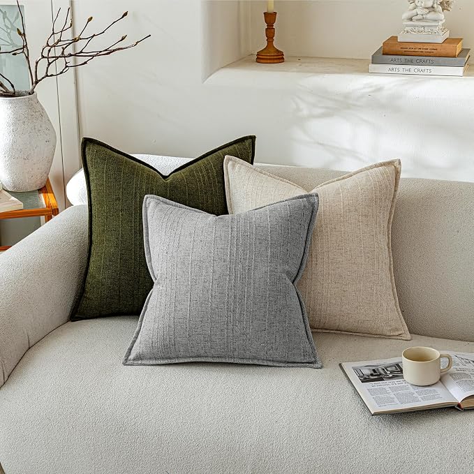 a moment Linen Pillow Covers Set of 2,Boho Farmhouse Throw Pillowcases Neutral Textured Decorative Covers for Couch Sofa,Soft Linen Blend Accent Case Cushion Living Room Home Decor 18"x18"Sky Gray