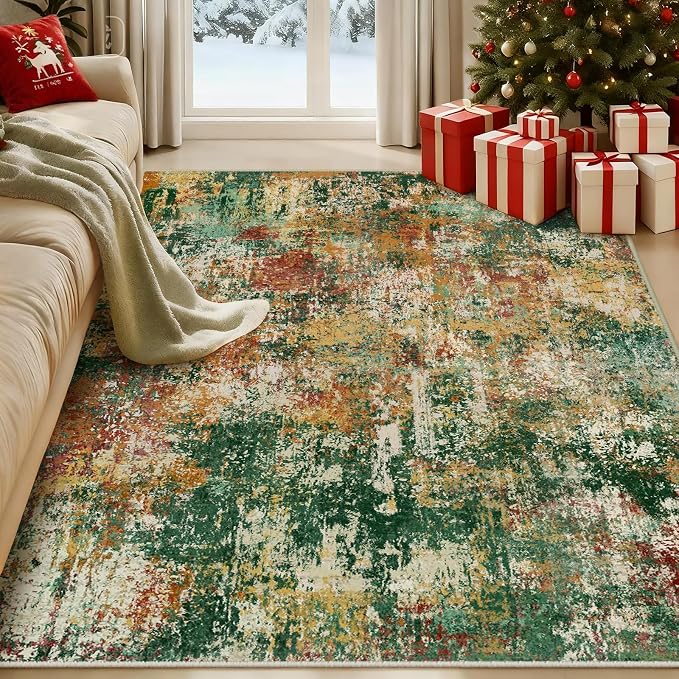 RELEANY Washable Area Rugs 5'x7' Non-Slip Modern Abstract Soft for Living Room Entryway Bedroom Kitchen, Print Pattern, Green Orange Rust Red Cream Colorful