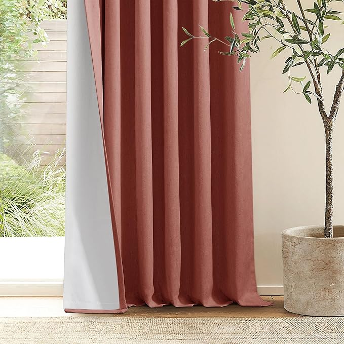 Terracotta Pinch Pleated Linen Blackout Curtains 90 Inches Long for Bedroom | 100% Black Out Thermal Insulated, Pinch Pleat with Ring Hooks Back Tab, Room Darkening Drapes with Liner, for Living Room