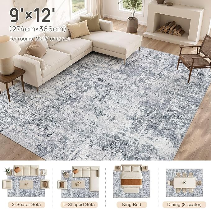cotiled Washable Area Rug 9x12, Non-Slip Soft Neutral Rug for Living Room | Modern Abstract Carpet, Stain Resistant and Kid & Pet Friendly, Ideal For Bedroom, Dining Room, Nursery, Office - Blue/Gery